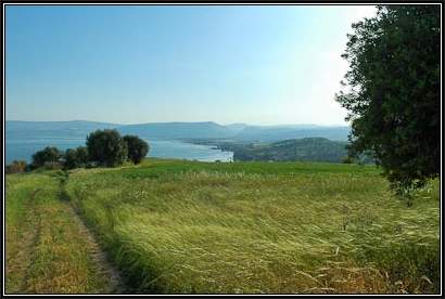 Mount-of-Beatitudes-hillside-and-Sea-of-Galilee,-tb032805817-bibleplaces